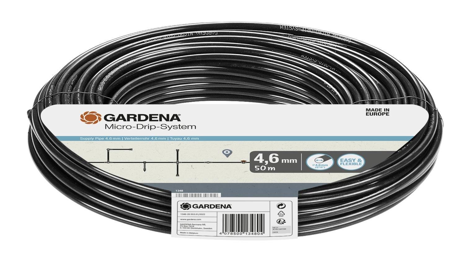 Eine Rolle Gardena Micro-Drip-System Schlauch, 4,6 mm Durchmesser, 50 m Länge, für einfache und flexible Anwendung gekennzeichnet, in Europa hergestellt.