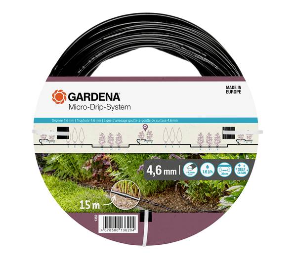 Gartenbewässerungssystem-Verpackung von Gardena, zeigt ein 15 m Micro-Drip-System, ideal für gleichmäßige Wasserverteilung in Beeten.