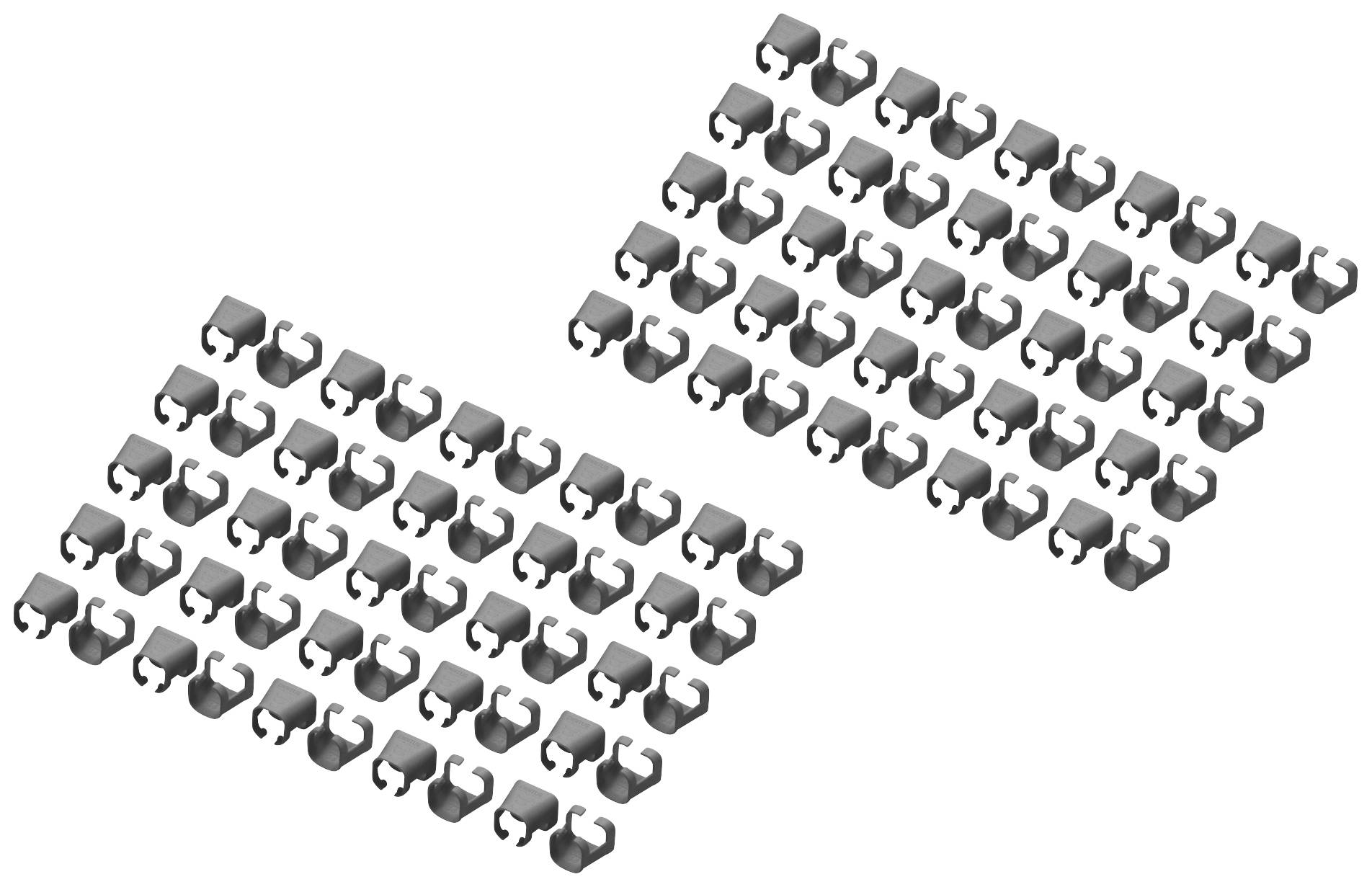 Zwei Gruppen von vielen kleinen grauen Clips in diagonal angeordneten Reihen, die gleichmäßig verteilt sind.