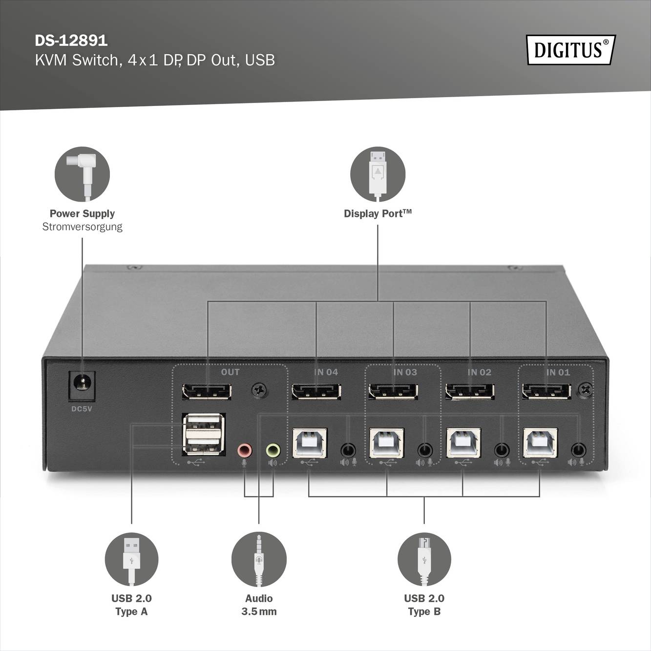 Digitus DS-12891 1+4 Port KVM-Umschalter DisplayPort® 3840 x 2160 Pixel