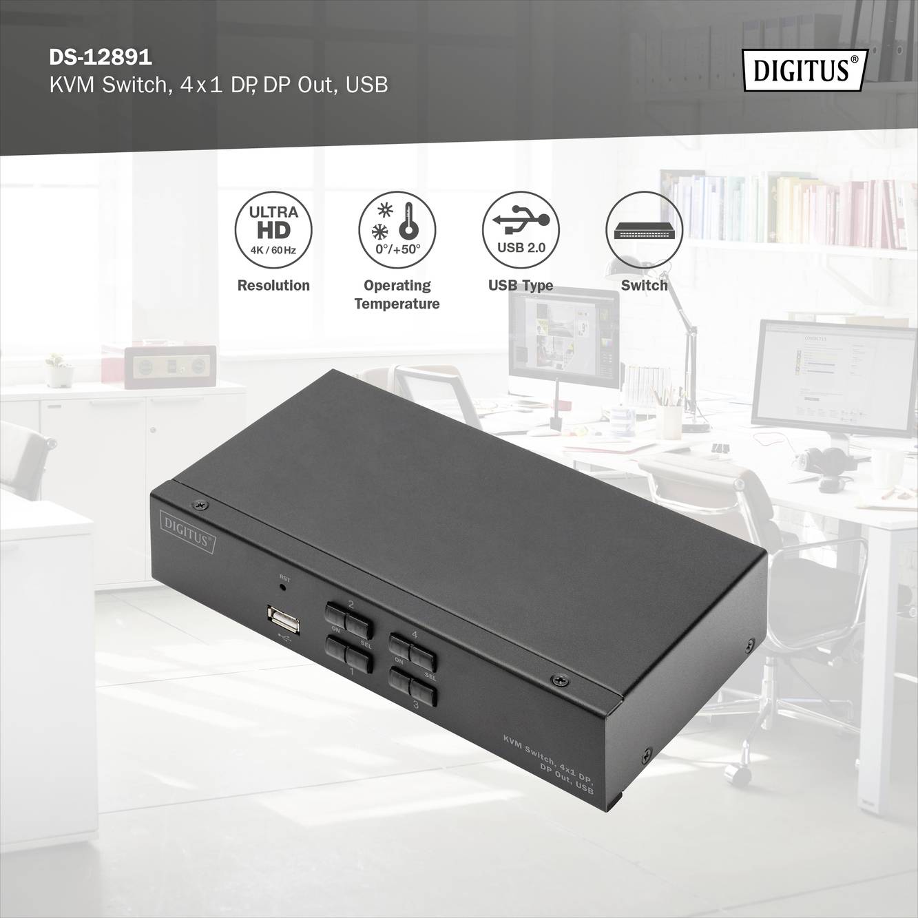 Digitus DS-12891 1+4 Port KVM-Umschalter DisplayPort® 3840 x 2160 Pixel