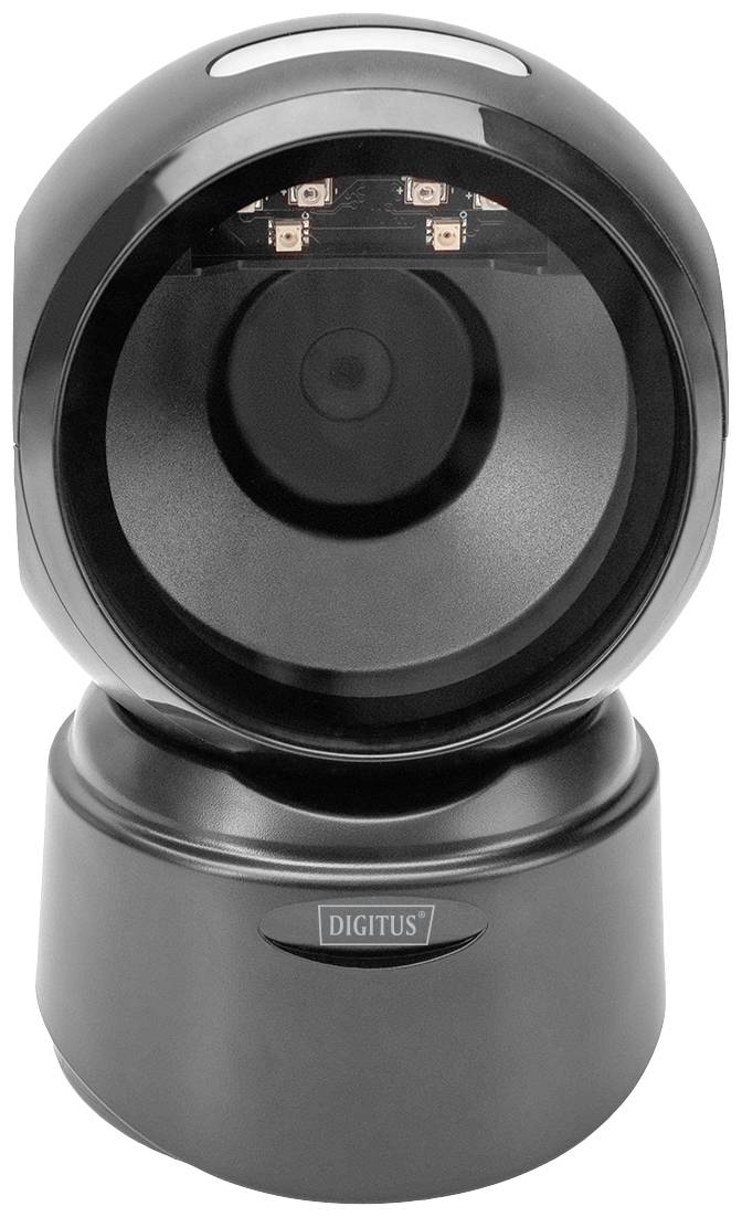 Schwarzer Barcode-Scanner auf einem Sockel, mit sichtbarem Lesebereich und einem 'Digitus'-Logo.