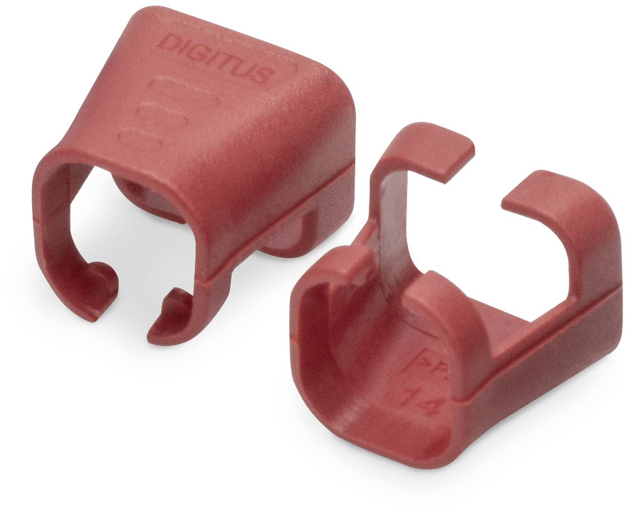 Zwei rote Schutzkappen für RJ-45-Stecker, die den Steckerzuhalt fixieren.