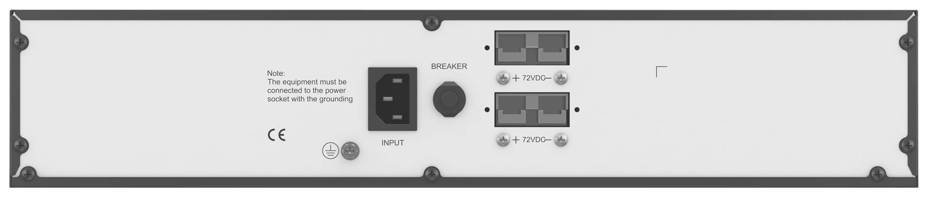 Rückseite eines elektronischen Geräts mit zwei Steckdosen, einem Schalter und Hinweis: 'Das Gerät muss mit geerdeter Stromquelle verbunden sein.'