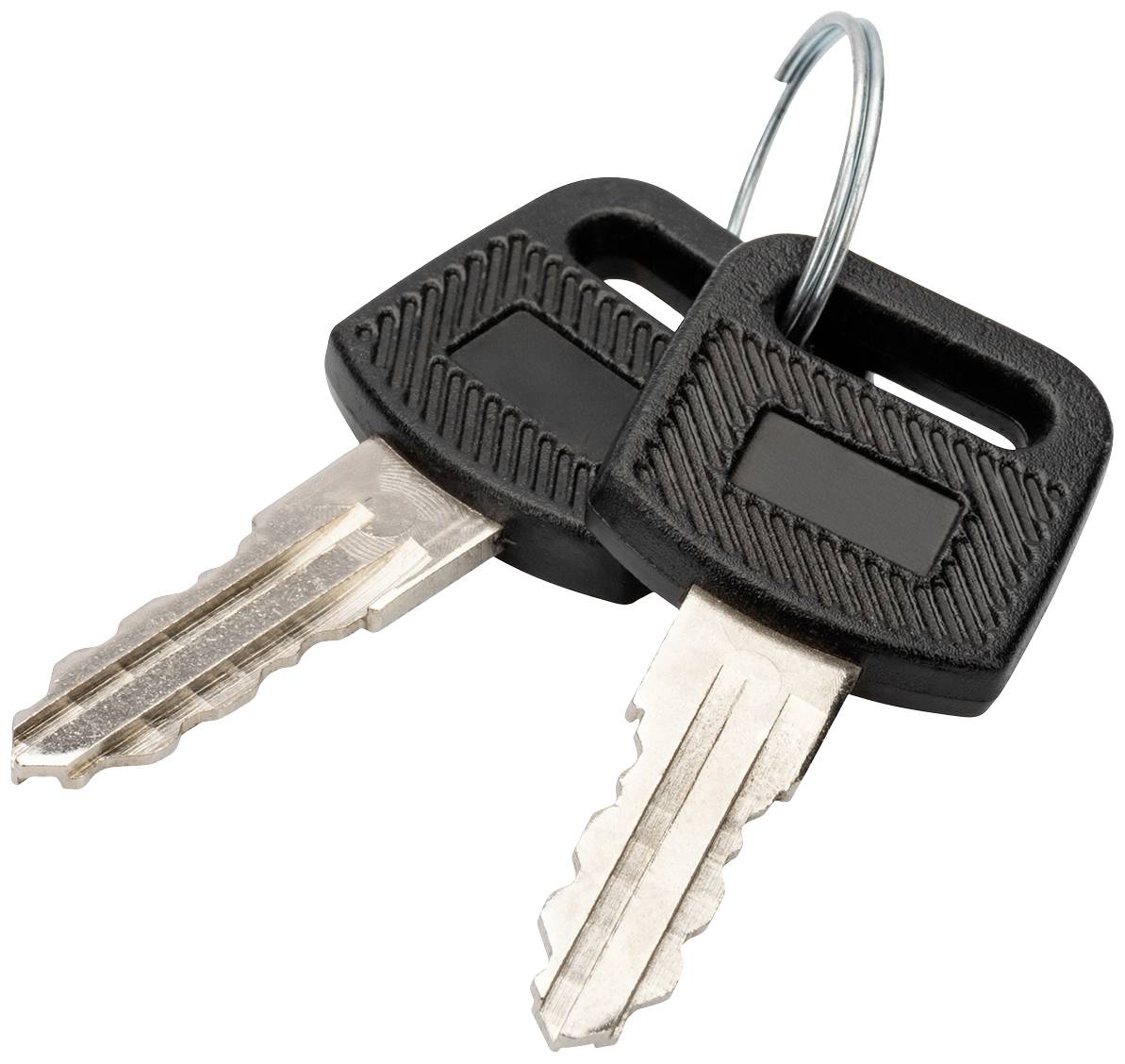 Zwei silberne Schlüssel mit schwarzem Griff hängen an einem Metallring.