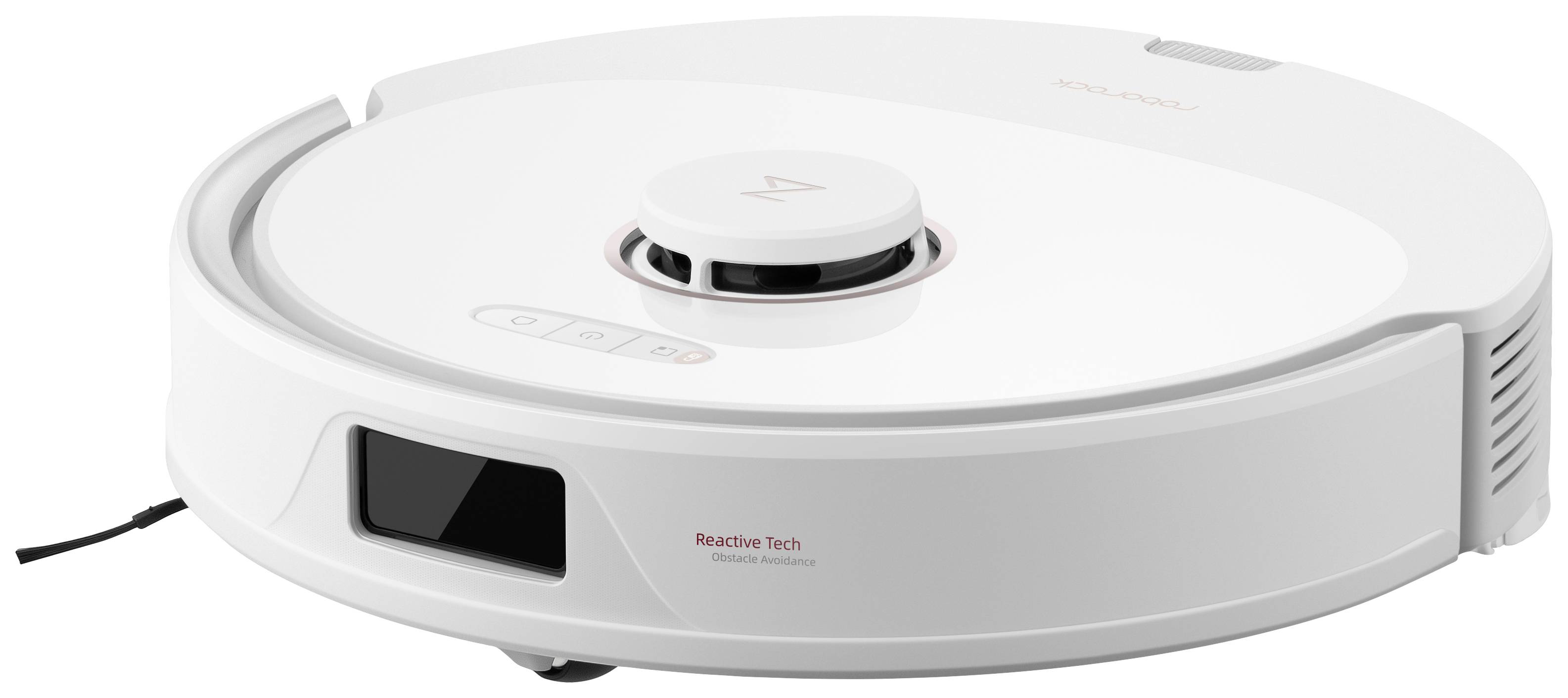 Ein weißer Saugroboter mit runder Form und mittig platziertem Sensor. Aufschrift 'Reactive Tech'. Verwendet zur Bodenreinigung.