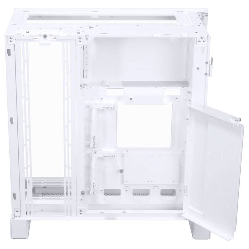 Ein leeres, offenes Computergehäuse in Weiß mit sichtbarem Innenraum und geöffneter Seitentür. Ideal für PC-Modifikationen.
