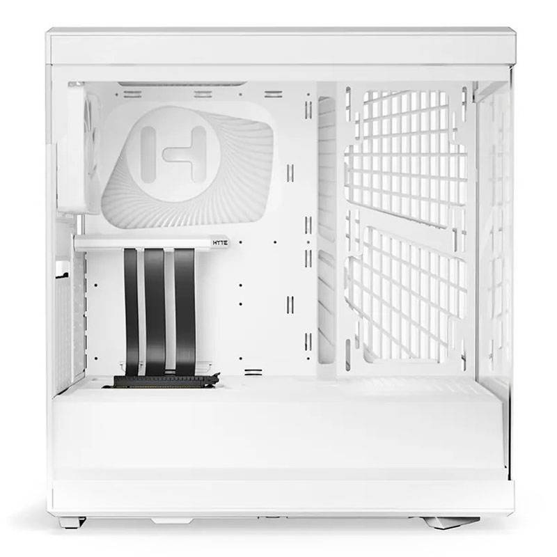 Ein weißes Computergehäuse mit offenem Design zeigt zwei große Lüfter und Platz für Komponenten. Es bietet Kabelmanagementoptionen.