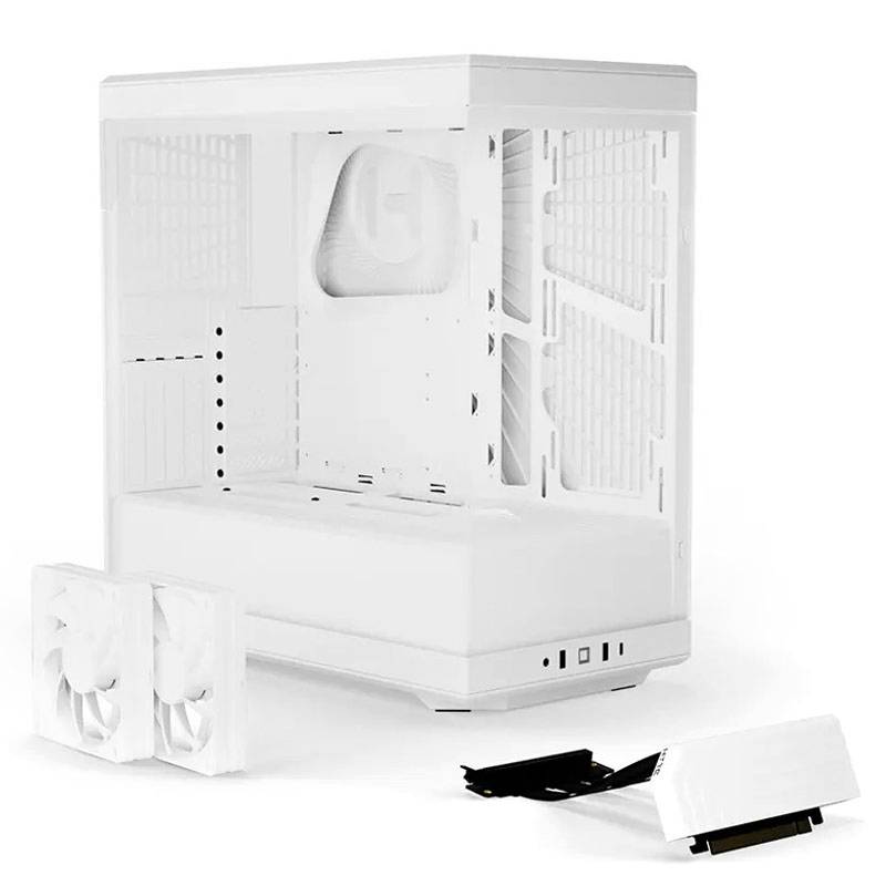 Ein weißes PC-Gehäuse mit offenem Design. Enthält zwei Lüfter und ein vertikales GPU-Montagekit. Geeignet für DIY-PC-Bauprojekte.