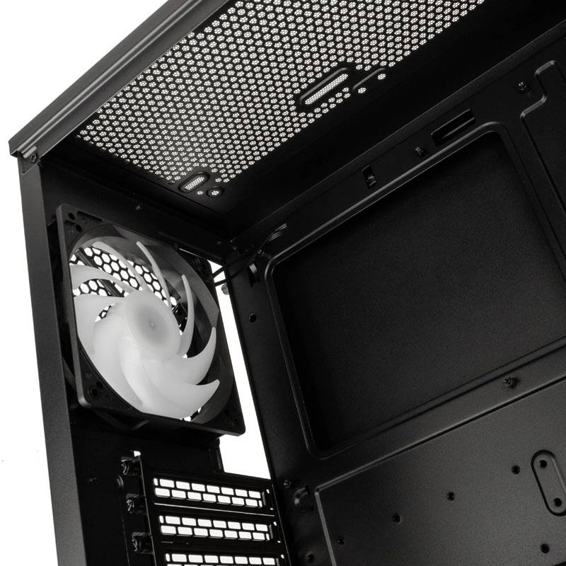Computergehäuse-Innenansicht mit Lüfter und Belüftungsgittern, bietet Platz für Komponenteninstallation und Luftzirkulation.