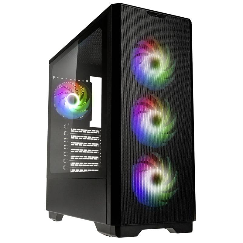 Ein schwarzes Computergehäuse mit vier bunten RGB-Lüftern, drei vorne und einem hinten, die in verschiedenen Farben leuchten.