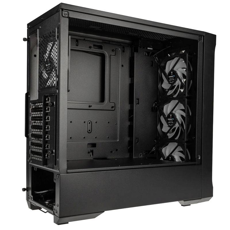 Ein offenes Computergehäuse, schwarz, mit zwei eingebauten Lüftern an der Vorderseite, geeignet für Gaming-PCs.