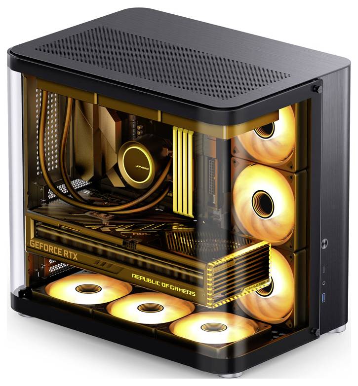 Ein offener Gaming-PC mit leuchtenden Komponenten: Grafikkarte, Kühler und Lüfter in orange-gelbem Licht, im schwarzen Gehäuse.