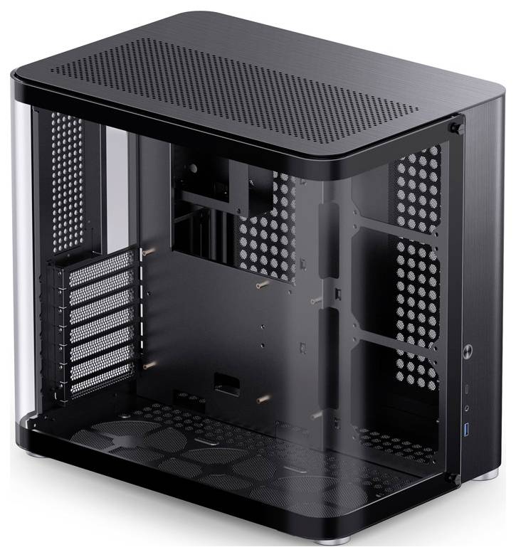 PC-Gehäuse mit transparenten Seiten und mehreren Steckplätzen für Erweiterungskarten, geeignet für DIY-Computerbau.