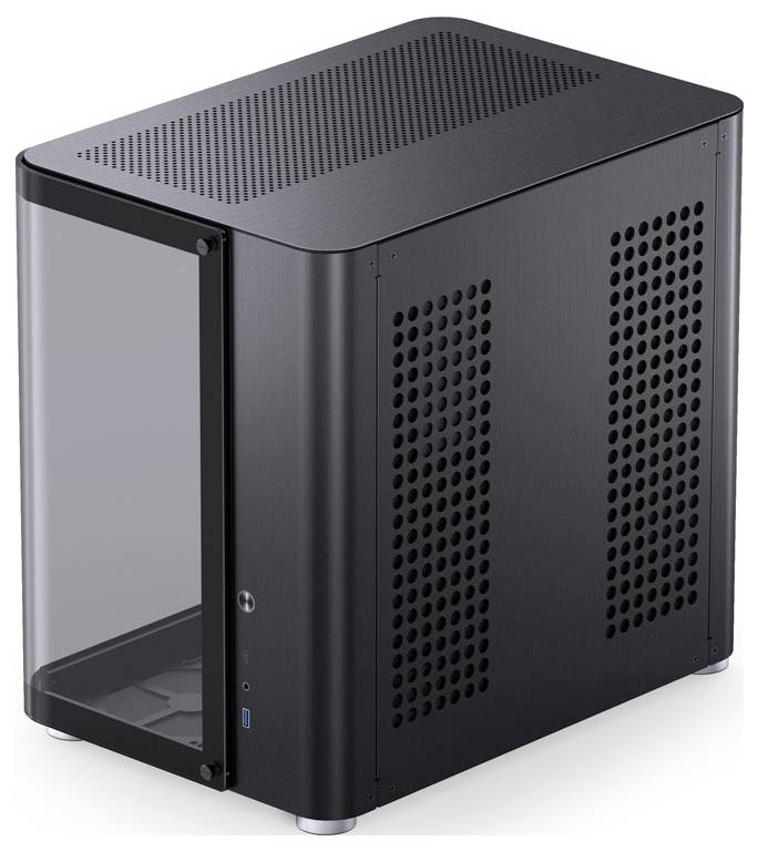 Ein schwarzes Computergehäuse mit Glasseite und Lüftungslöchern, geeignet für eine platzsparende PC-Konfiguration.