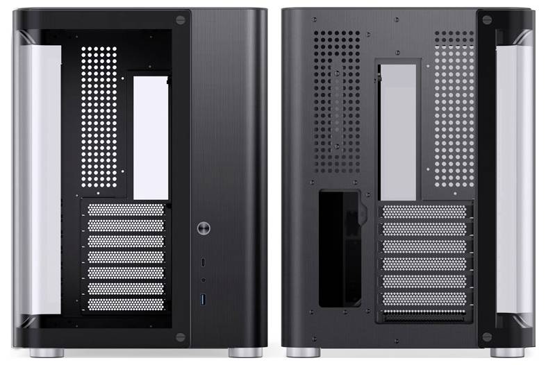 Zwei leere Computergehäuse aus Metall, Seite an Seite gezeigt, mit mehreren Lüftungsschlitzen und Erweiterungssteckplätzen.