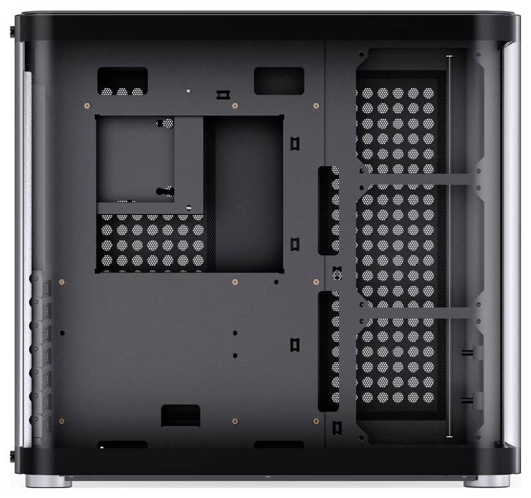 Gehäuse eines Computertowers mit mehreren Lüftungsschlitzen und Halterungen für Komponenten wie Mainboard und Laufwerke.