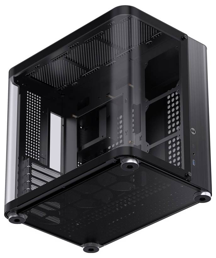 Ein schwarzes, würfelförmiges PC-Gehäuse mit offenem Design, das die Belüftung fördert. Geeignet für kompakte Computer-Builds.