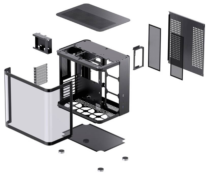 Explodierte Darstellung eines Computergehäuses mit abgenommenen Seitenwänden, Ober- und Unterteil, die verschiedene Komponenten zeigen.