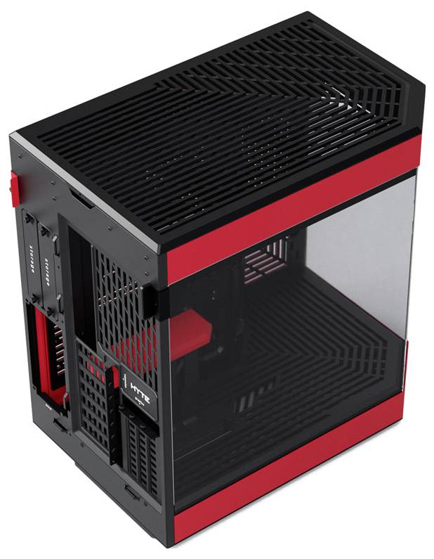 Schwarzes Computergehäuse mit roten Akzenten. Seitenfenster ermöglicht Blick ins Innere. Ideal für Gaming-PCs oder individuelle Builds.