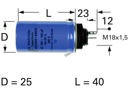 Blauer Elektrolytkondensator mit Beschriftung. Maße: Länge 40 mm, Durchmesser 25 mm. Technische Angaben und Gewindestutzen sichtbar.
