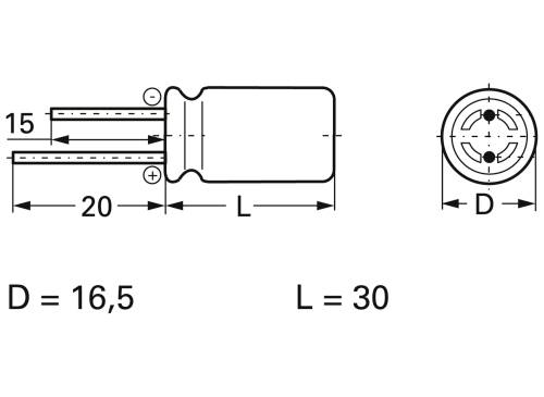 Technische Zeichnung eines zylindrischen Bauteils. Maße: Durchmesser (D) 16,5 mm, Länge (L) 30 mm. Anschlüsse links.