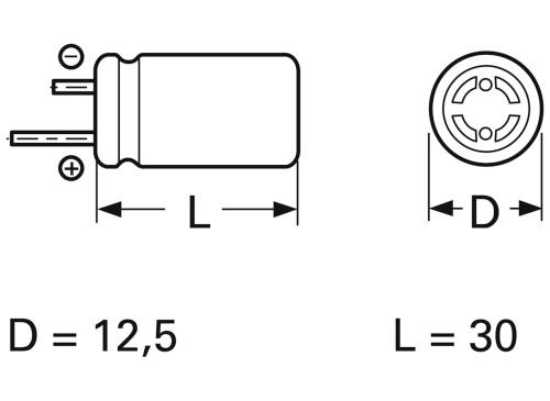 Skizze eines zylindrischen Kondensators. Links: Länge (L) = 30, Durchmesser (D) = 12,5.