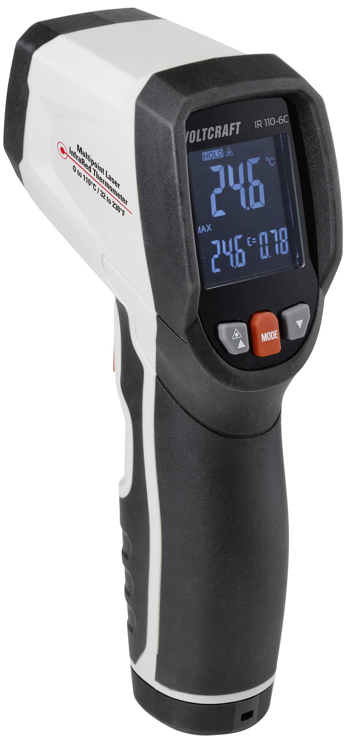 Infrarot-Thermometer, zeigt 24,6 Grad Celsius auf Display. Gerät hat schwarzen Griff, roten Modusknopf und Messanzeige.