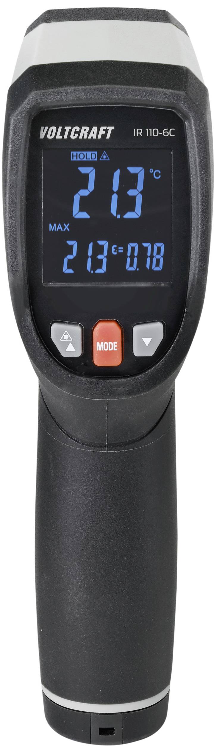 Digitales Infrarot-Thermometer zeigt 21,3°C. Tasten: Mode, Pfeiltasten. Marke 'Voltcraft', Modell 'IR 110-6C'.