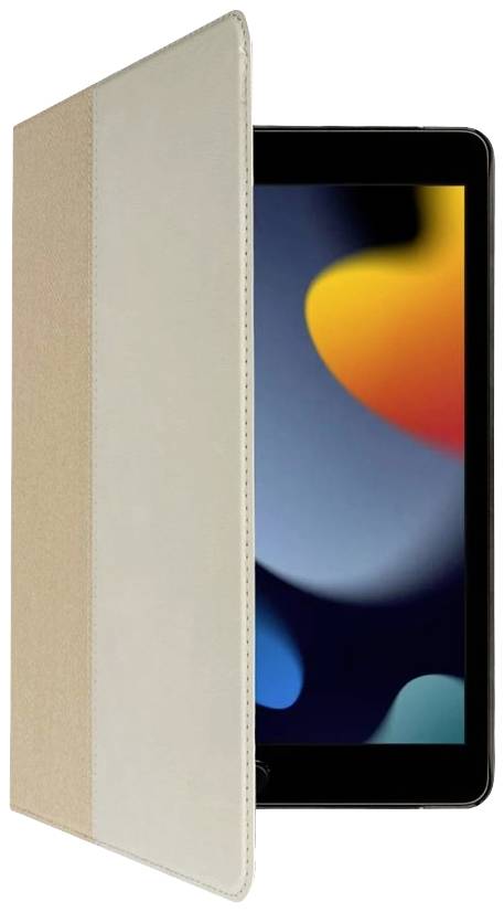 Tablet mit farbigem Bildschirm, teilweise von weißem Klappdeckel bedeckt. Der Hintergrund ist unscharf, zeigt aber helle Farbtöne.