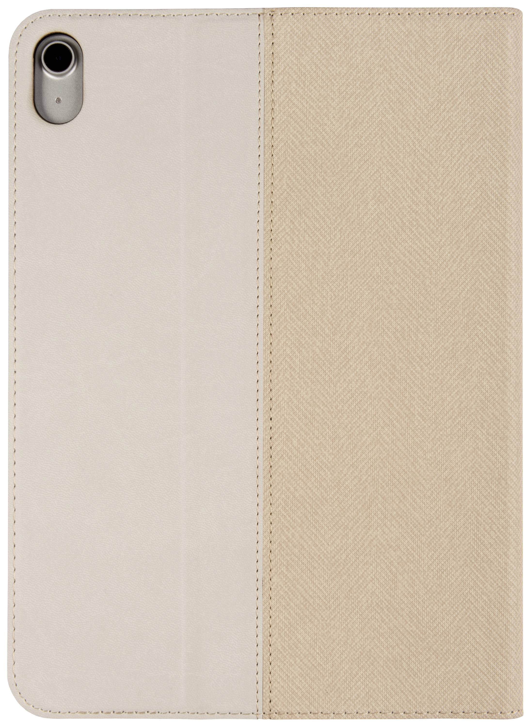 Hülle für ein Tablet aus beige Leder mit Kameraaussparung oben links.