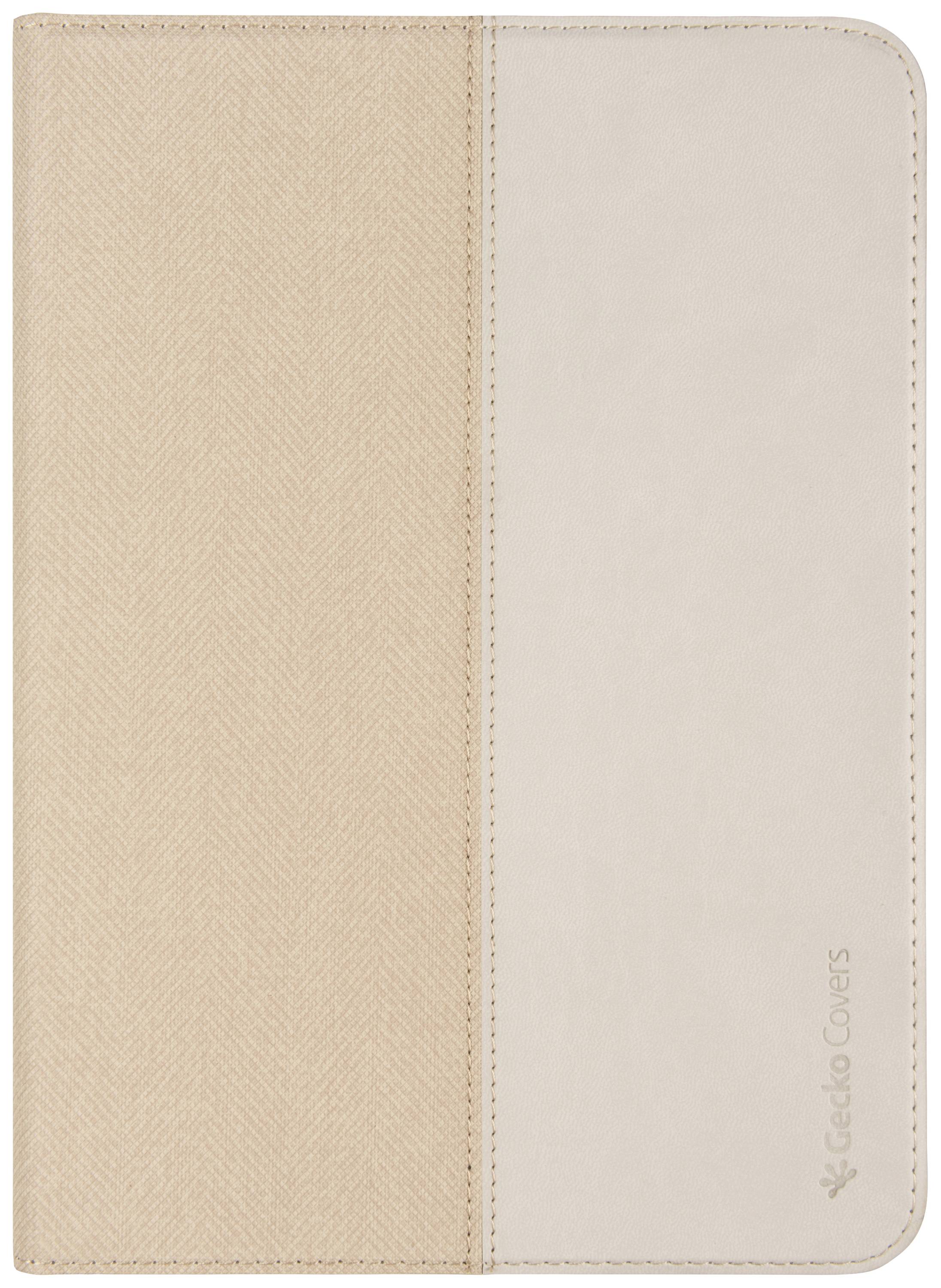 Hellbraune und weiße Tablet-Hülle aus Leder mit vertikaler Naht in der Mitte. Markenlogo 'Gecko Covers' unten rechts eingeprägt.