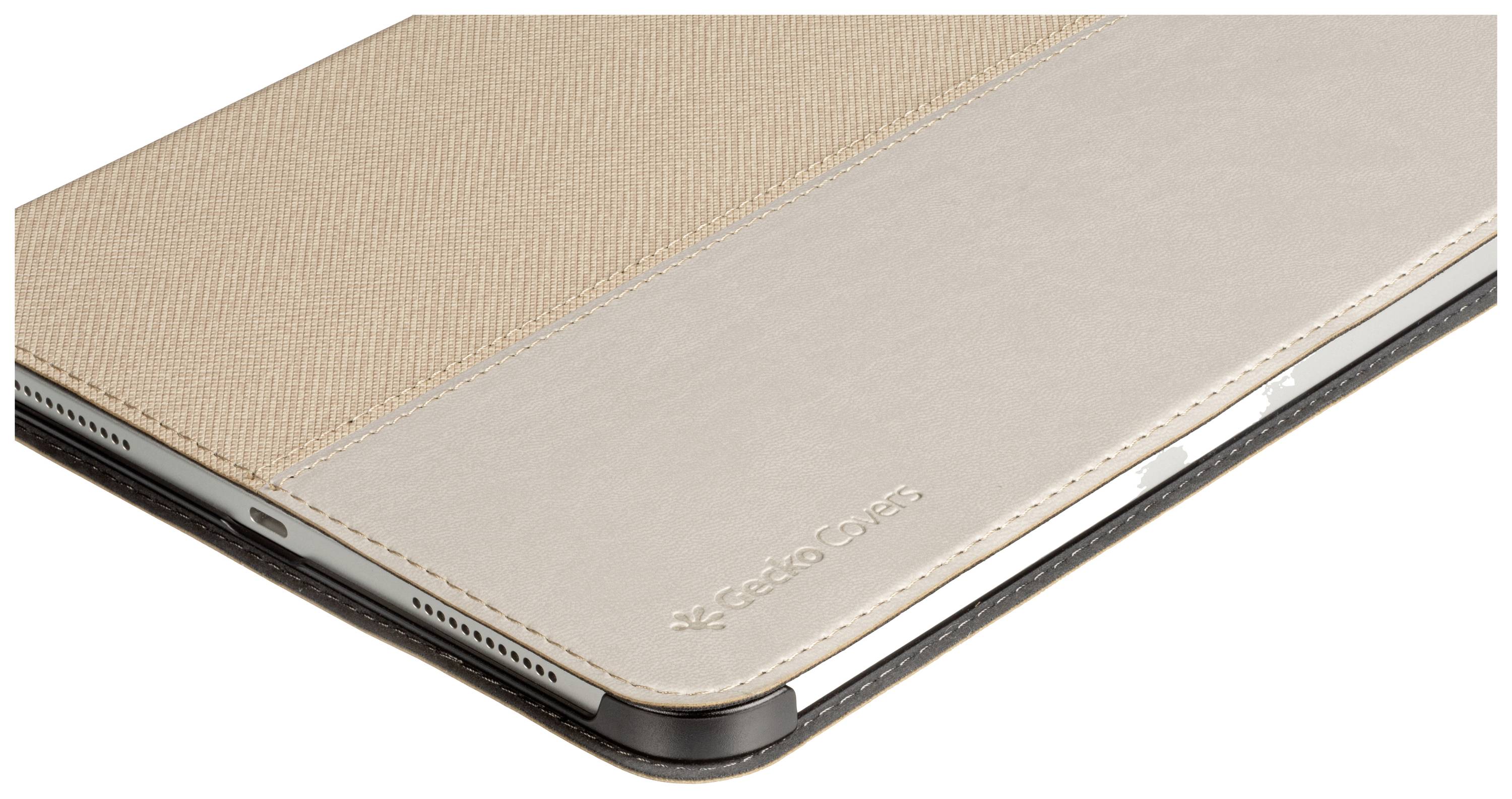 Eine beige Tablet-Hülle mit Stoffstruktur, teilweise geöffnet, zeigt den Rand eines Tablets.
