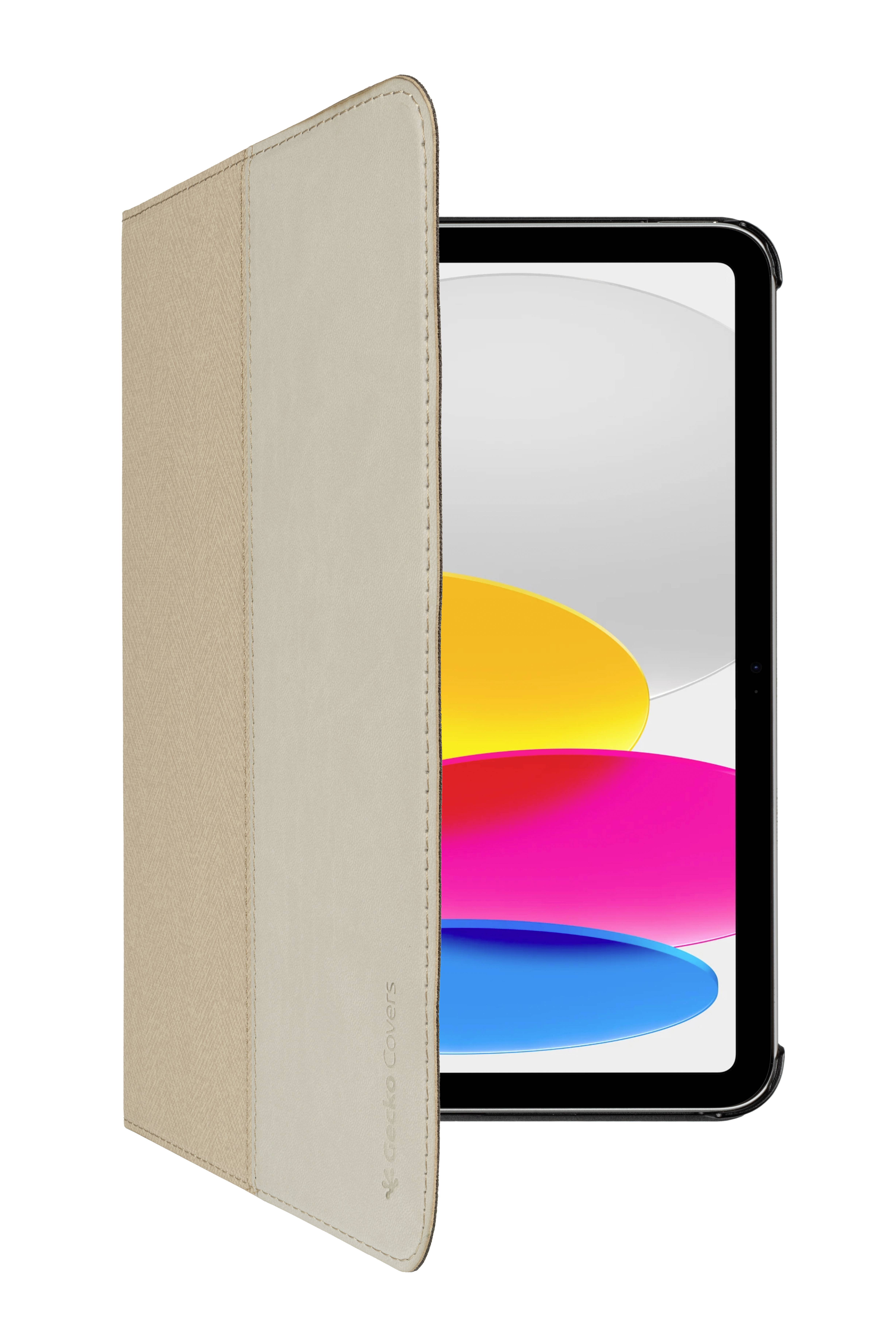 Ein Tablet mit einem bunten Bildschirm wird von einem beigen Smart Cover teilweise bedeckt.
