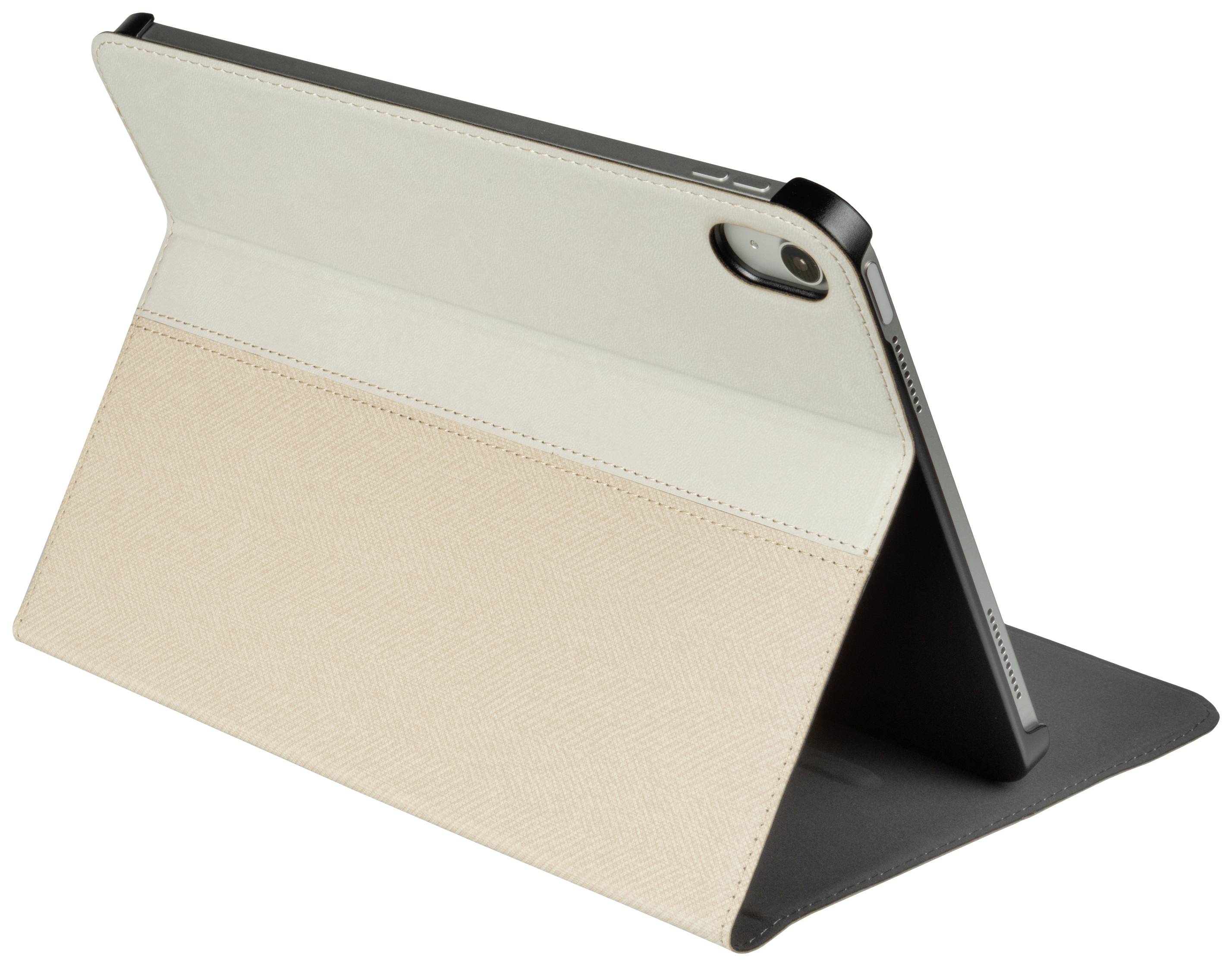 Tablet in dunkelgrauer Schutzhülle im Ständer-Modus, zeigt leicht gekippten Bildschirm nach links. Ideal zum Ansehen von Inhalten.