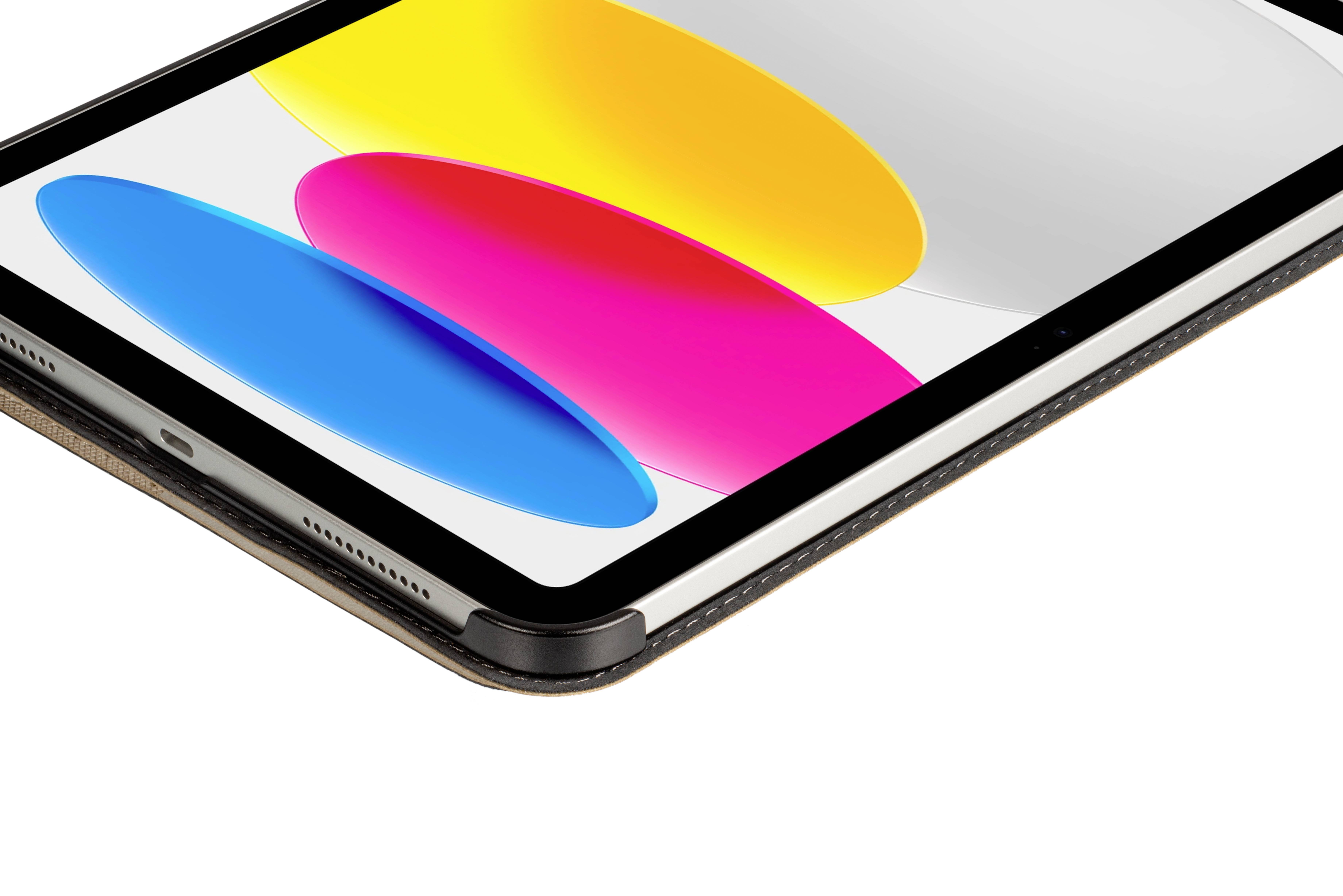 Ein schwarzes Tablet mit einem Display, das farbige Ovale in Blau, Rosa und Gelb zeigt. Das Gerät liegt auf einer weißen Oberfläche.