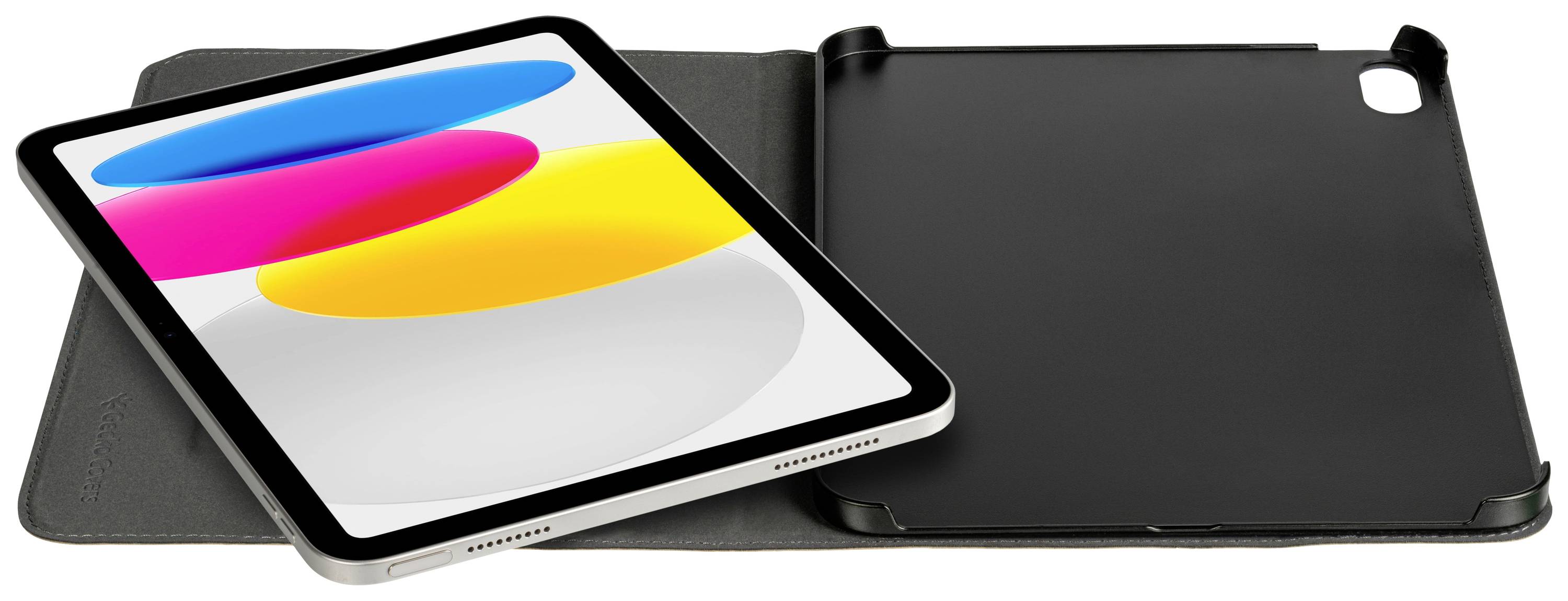 Ein Tablet mit farbenfroher Bildschirmgrafik liegt neben einer schwarzen Schutzhülle auf einer weißen Oberfläche.