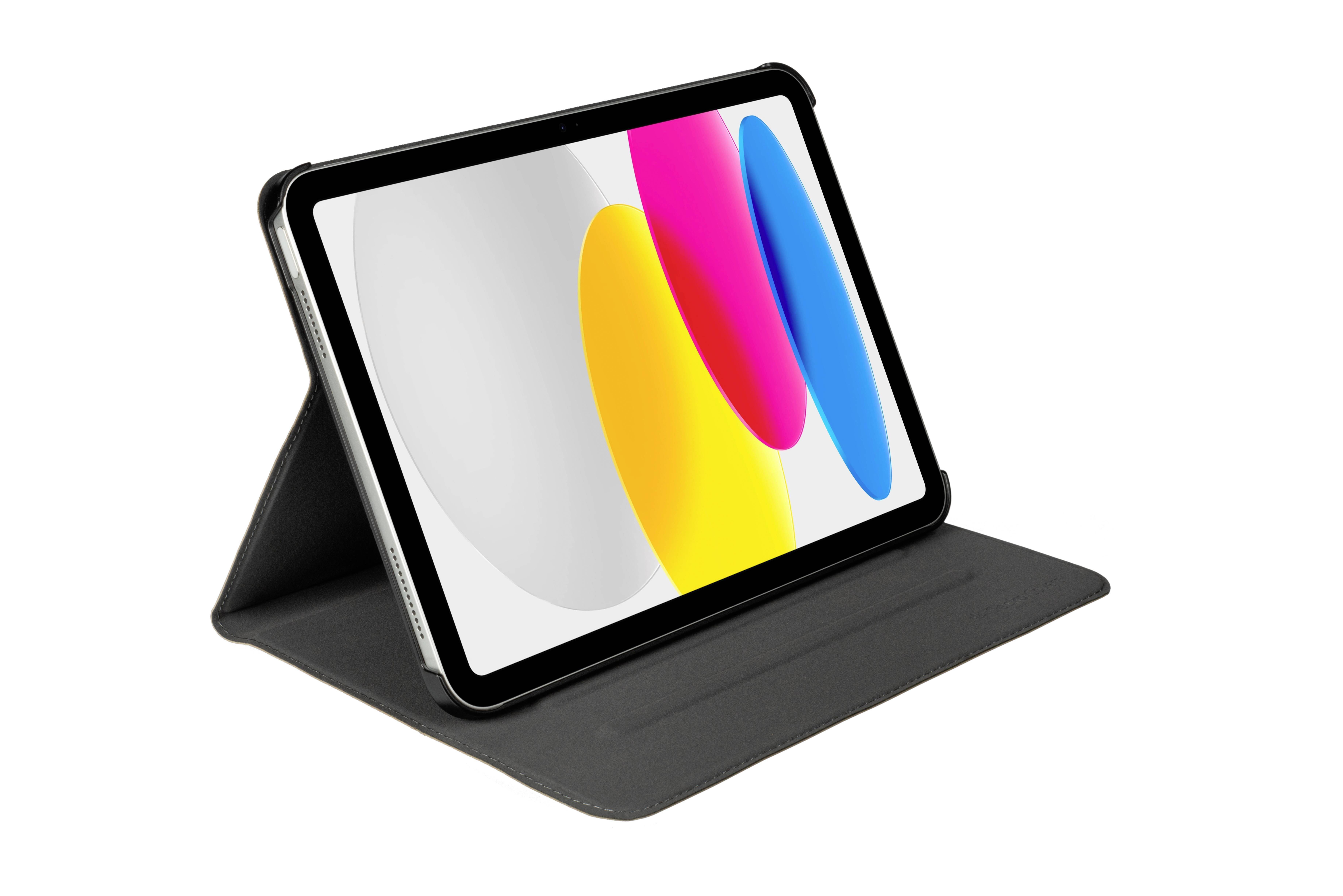 Ein Tablet in einer schwarzen Schutzhülle zeigt bunte, abstrakte Formen auf dem Bildschirm. Es steht angewinkelt auf einem Tisch.