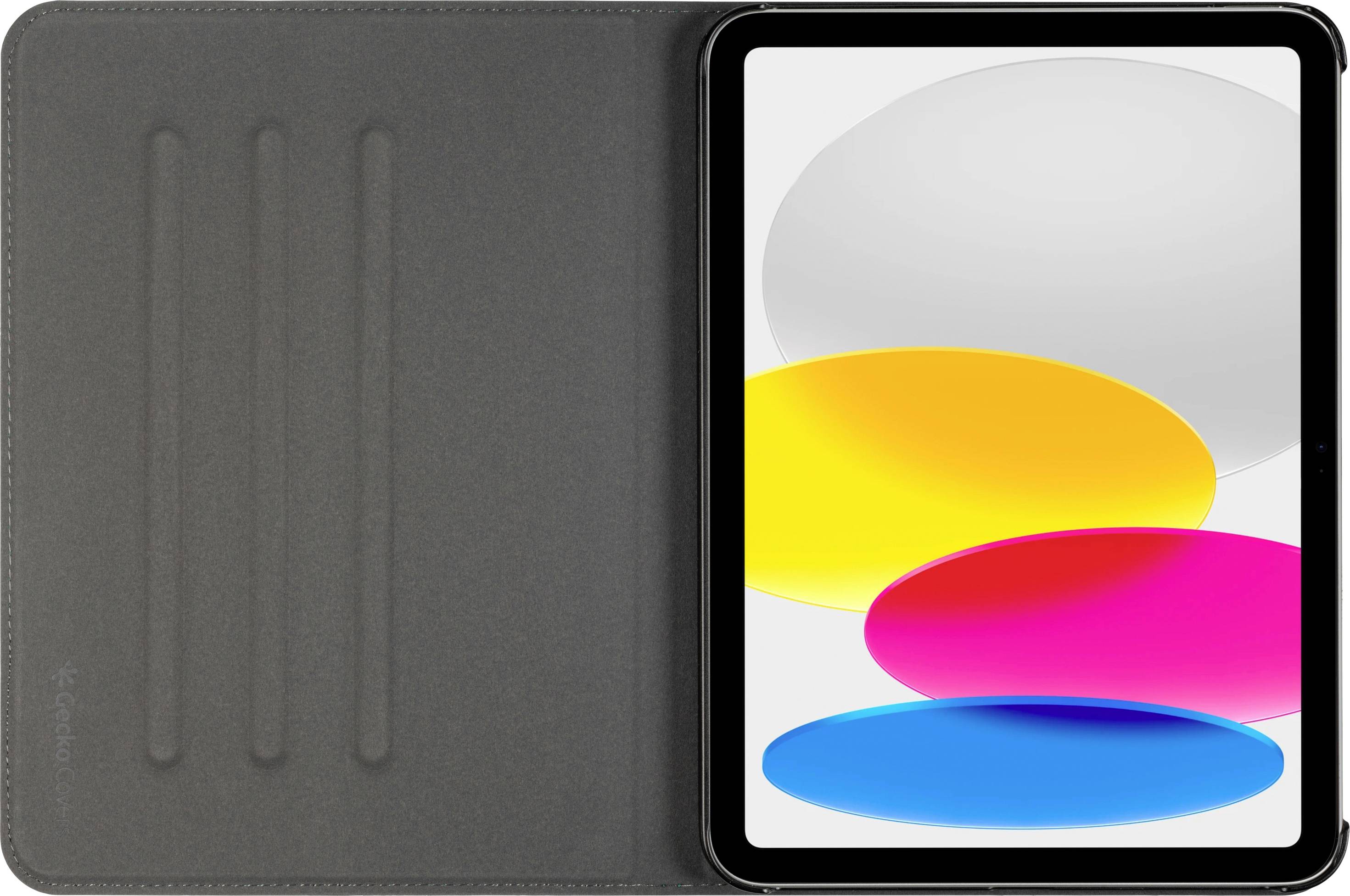 Ein Tablet mit farbigen, abstrakten Formen auf dem Bildschirm steht in einer schwarzen Schutzhülle, die teilweise geöffnet ist.