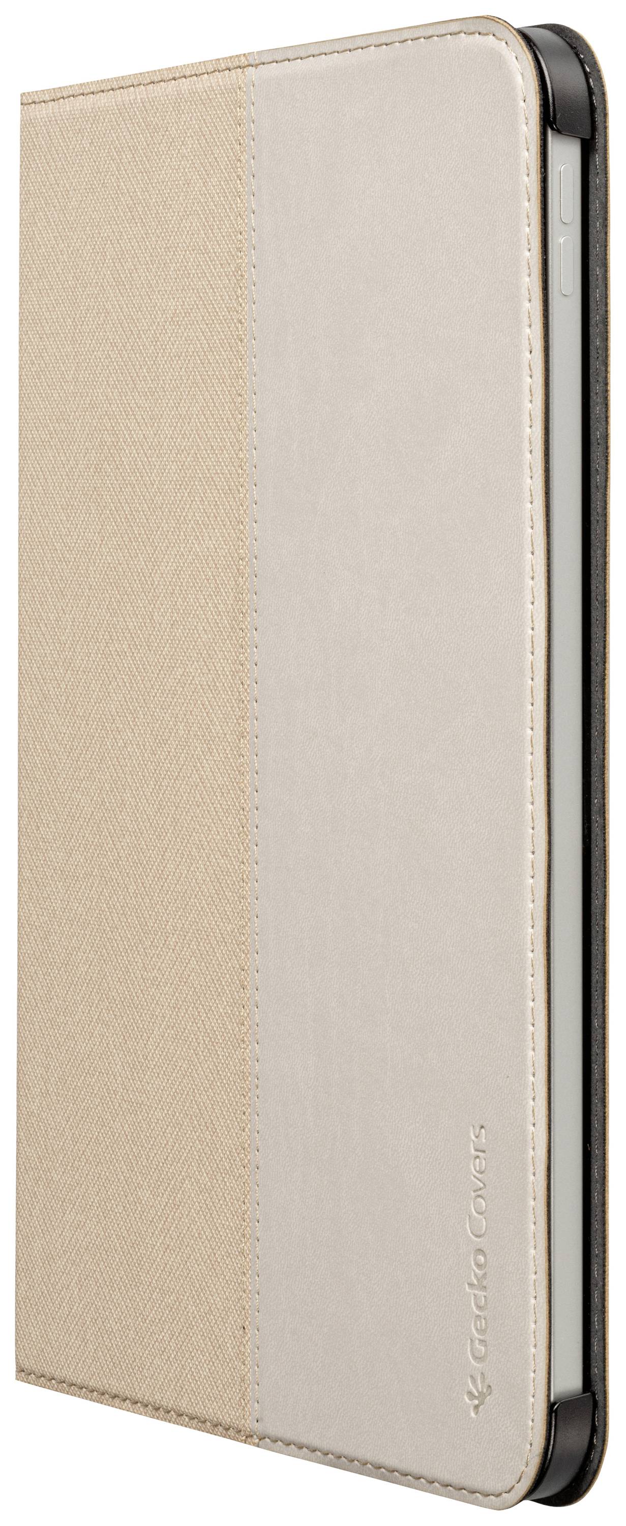 Eine schützende Tablet-Hülle in Beige, seitliche Ansicht. Die Hülle hat einen genähten Rand und bietet Zugang zu Tasten und Anschlüssen.