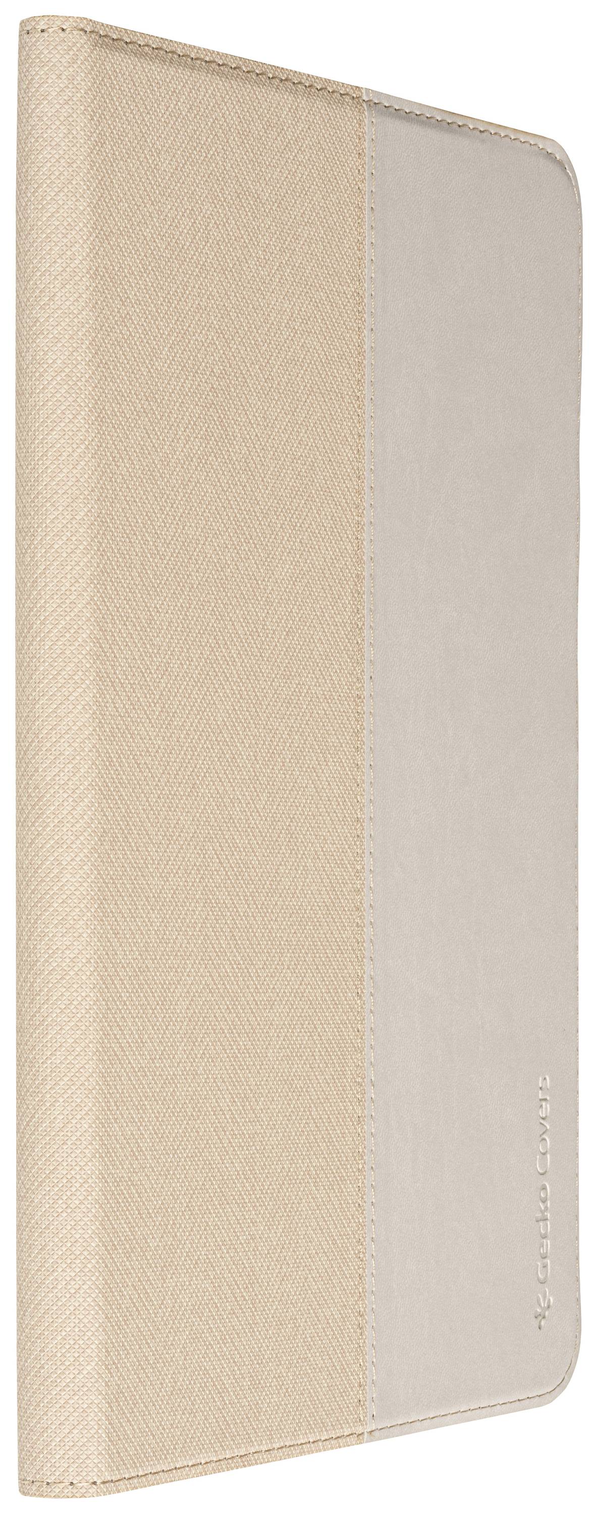 Ein aufrecht stehendes, beige und graues Tablet-Etui mit klaren Kanten und matter Oberfläche.