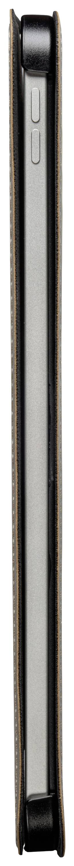 Seitenansicht eines handlichen elektronischen Geräts in einem schmalen, rechteckigen Gehäuse mit einem Deckel oben.