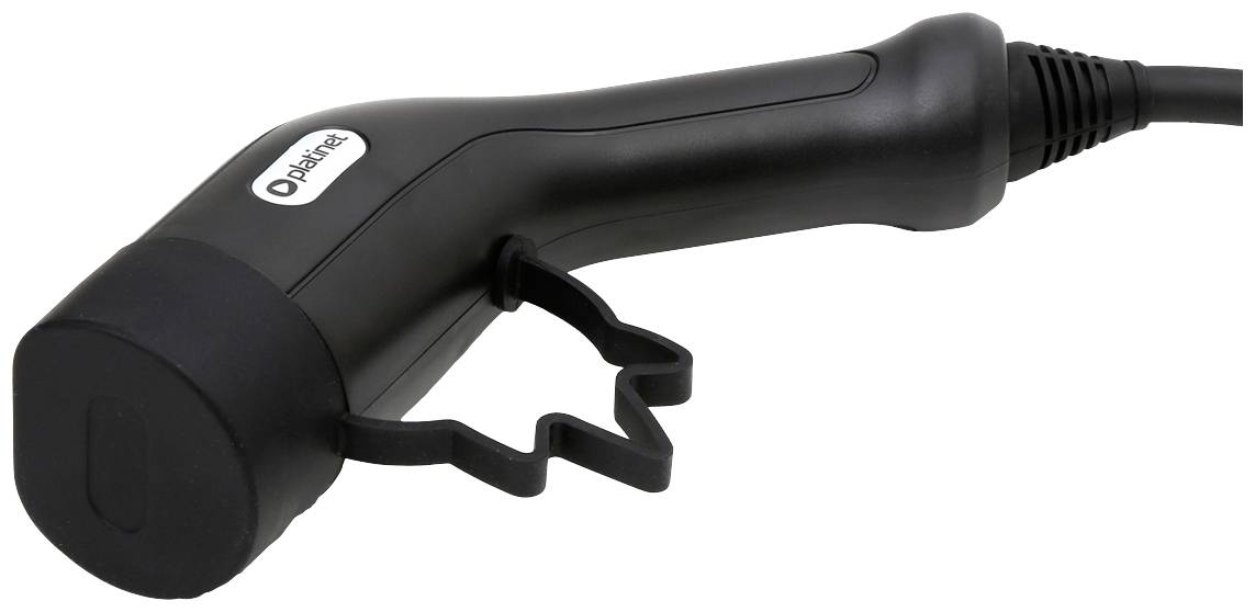 Schwarzer Stecker mit Kabel und einer Clip-Halterung, Nahaufnahme.