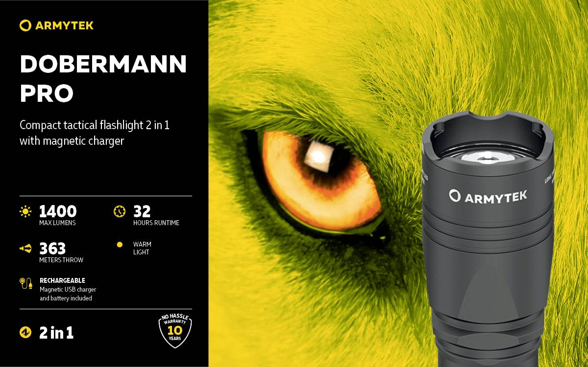 Taschenlampe Dobermann Pro von Armytek: 1400 Lumen, 32 Stunden Laufzeit, 363 Meter Leuchtweite, 10 Jahre Garantie, magnetisches Ladegerät.