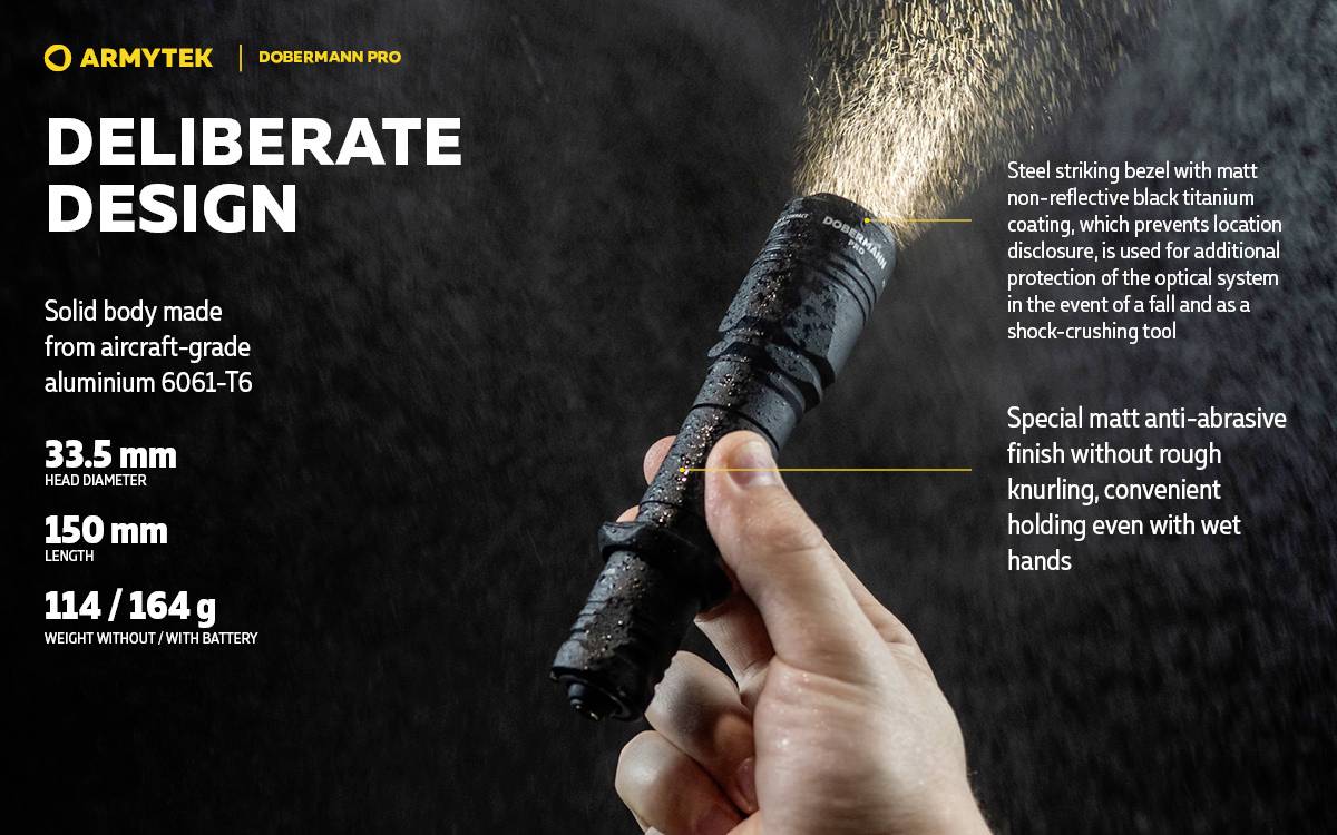 'ARMYTEK DOBERMANN PRO'-Taschenlampe. Aluminiumgehäuse 6061-T6. Maße: 33,5 mm Kopfdurchmesser, 150 mm Länge. Leicht und handlich.