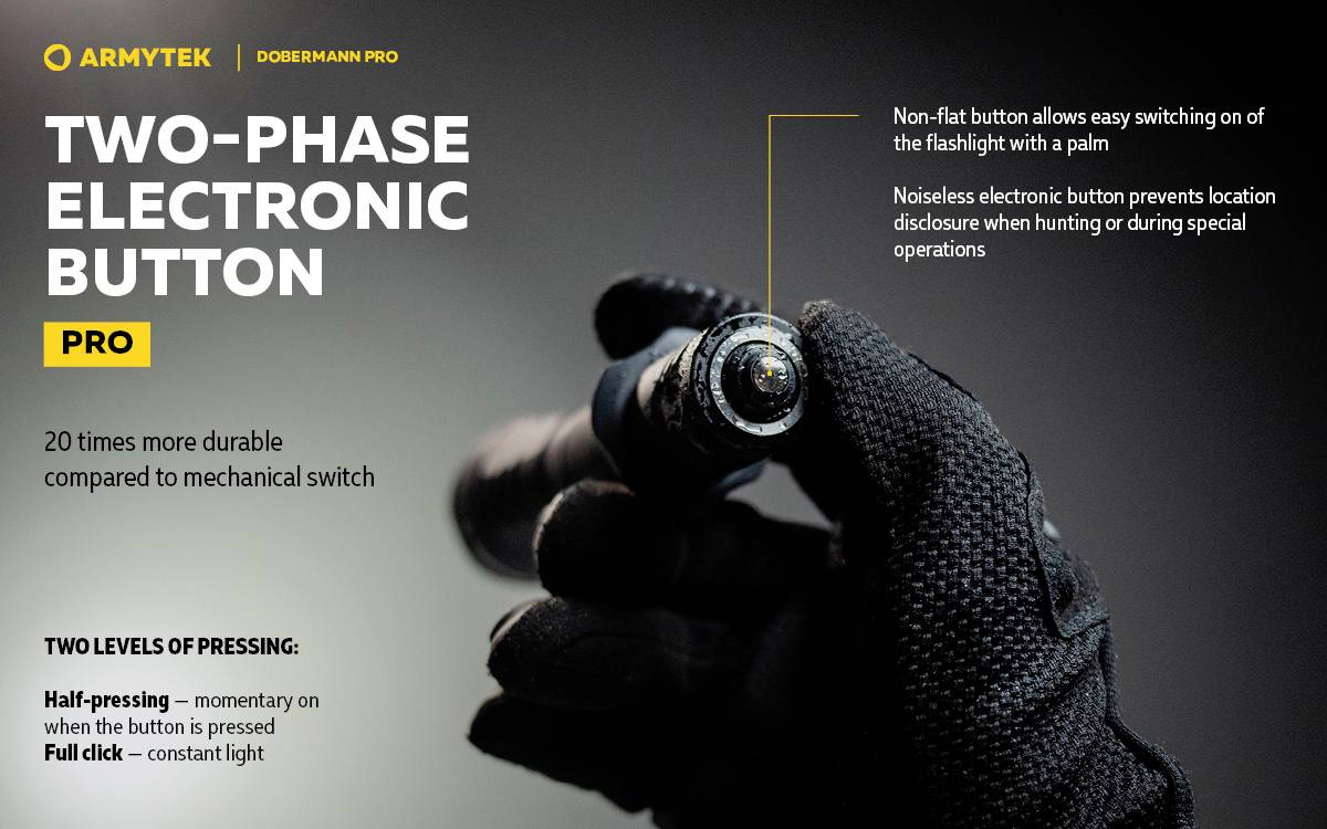 'Armytek Dobermann Pro' Zwei-Phasen-Elektroniktaste wird von einer behandschuhten Hand gehalten. Text beschreibt Vorteile wie Lautlosigkeit und Dauerhaftigkeit.