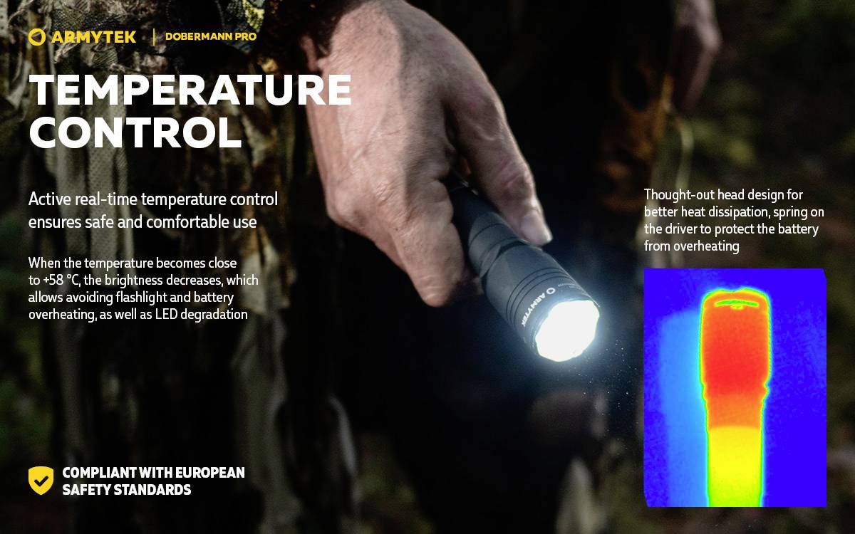 'TEMPERATURE CONTROL': Eine Hand hält eine Taschenlampe. Text erklärt aktive Temperatursteuerung zur Sicherheit. Wärmebild zeigt Lampe in Betrieb.