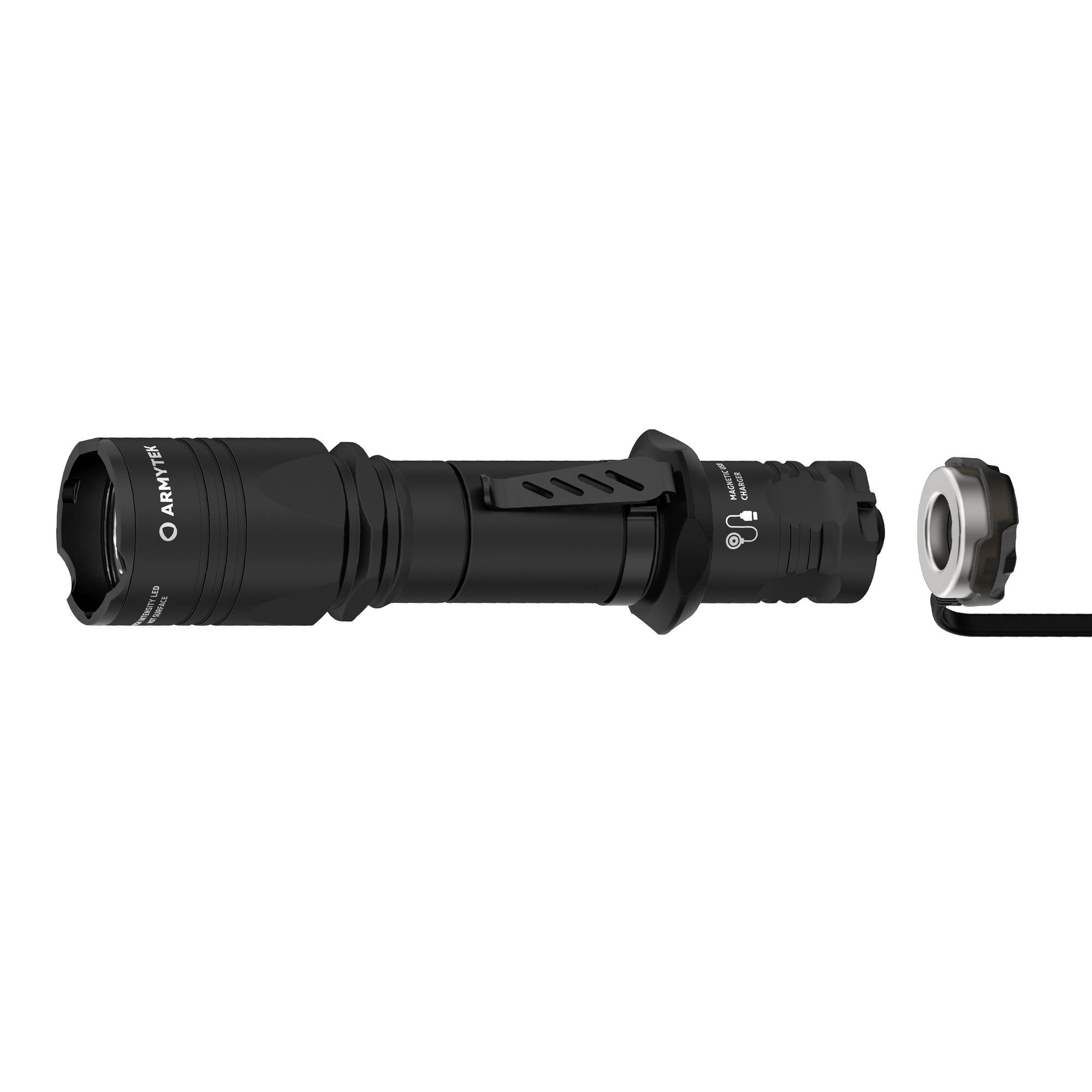 Taschenlampe mit abnehmbarem Endstück und USB-Ladeanschluss, schwarz. Ideal für Outdoor-Aktivitäten und Notfälle.