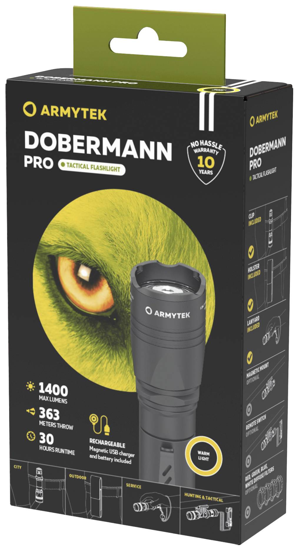 Taschenlampenverpackung der Marke Armytek, Modell Dobermann Pro. Details: 1400 Lumen, 363 Meter Reichweite, 30 Stunden Laufzeit.