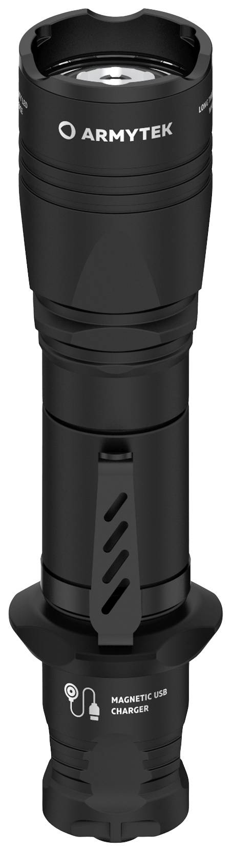 Schwarze Taschenlampe mit robustem Design, Markenlogo oben, Clip am Mittelteil und magnetischem USB-Ladeanschluss am unteren Ende.